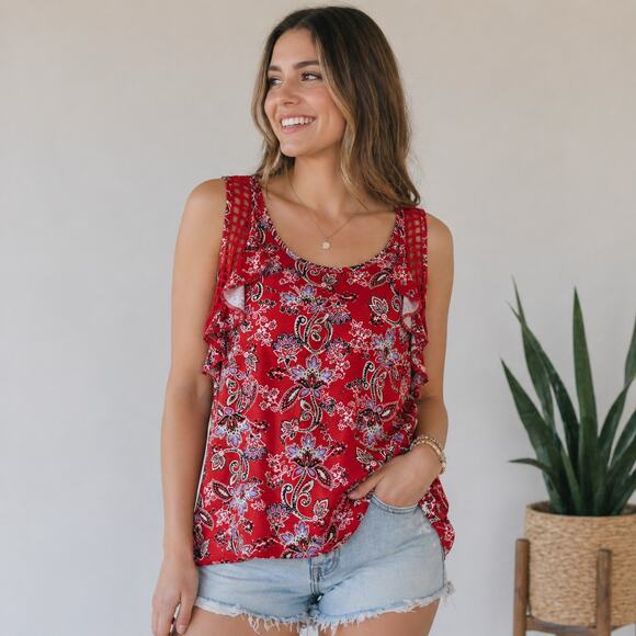 Maurices Tops - Maurices Red Paisley Lattice Ruffle Tank Top Womens Large Boho Stretch